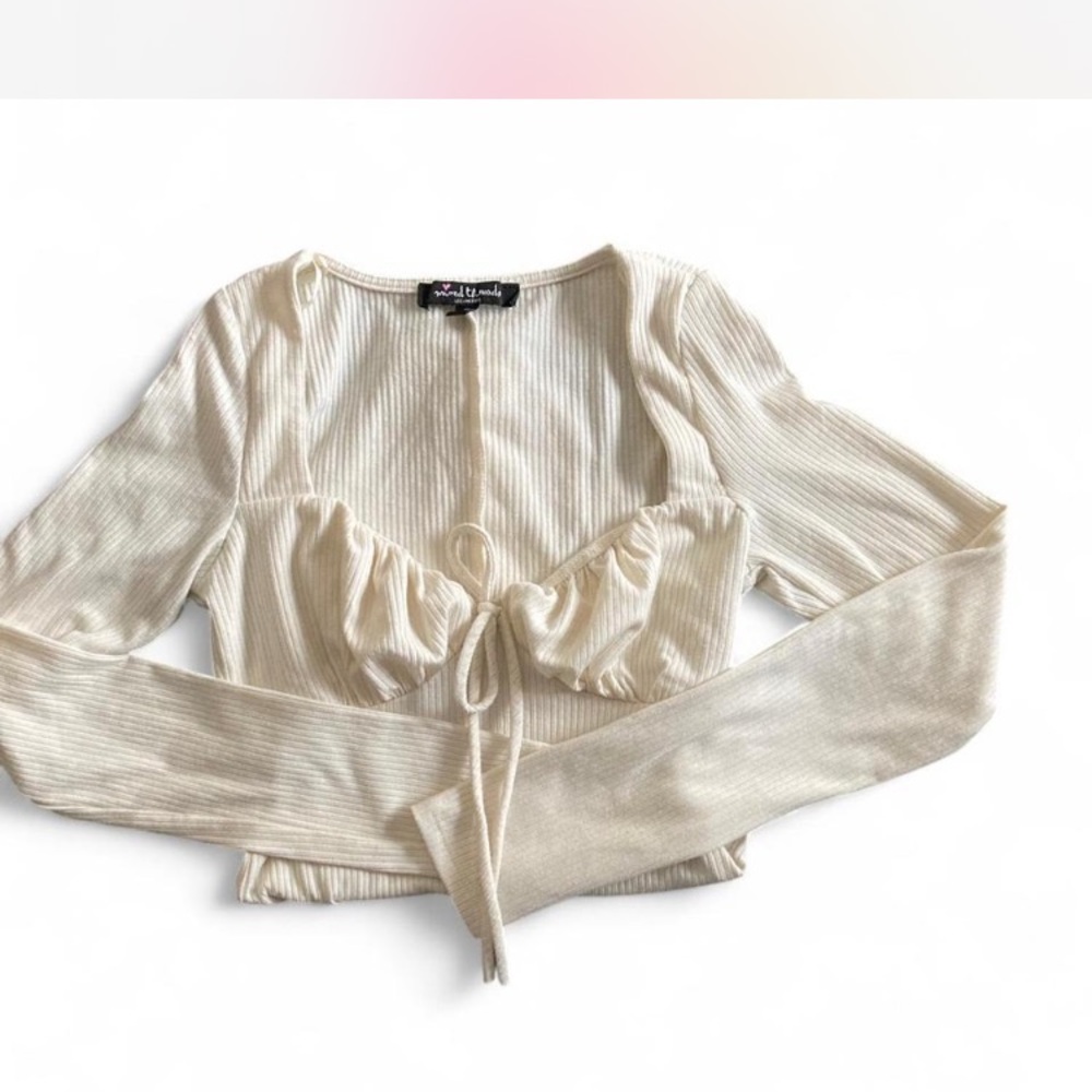Elegant Cream Ribbed Tie-Front Bodysuit
